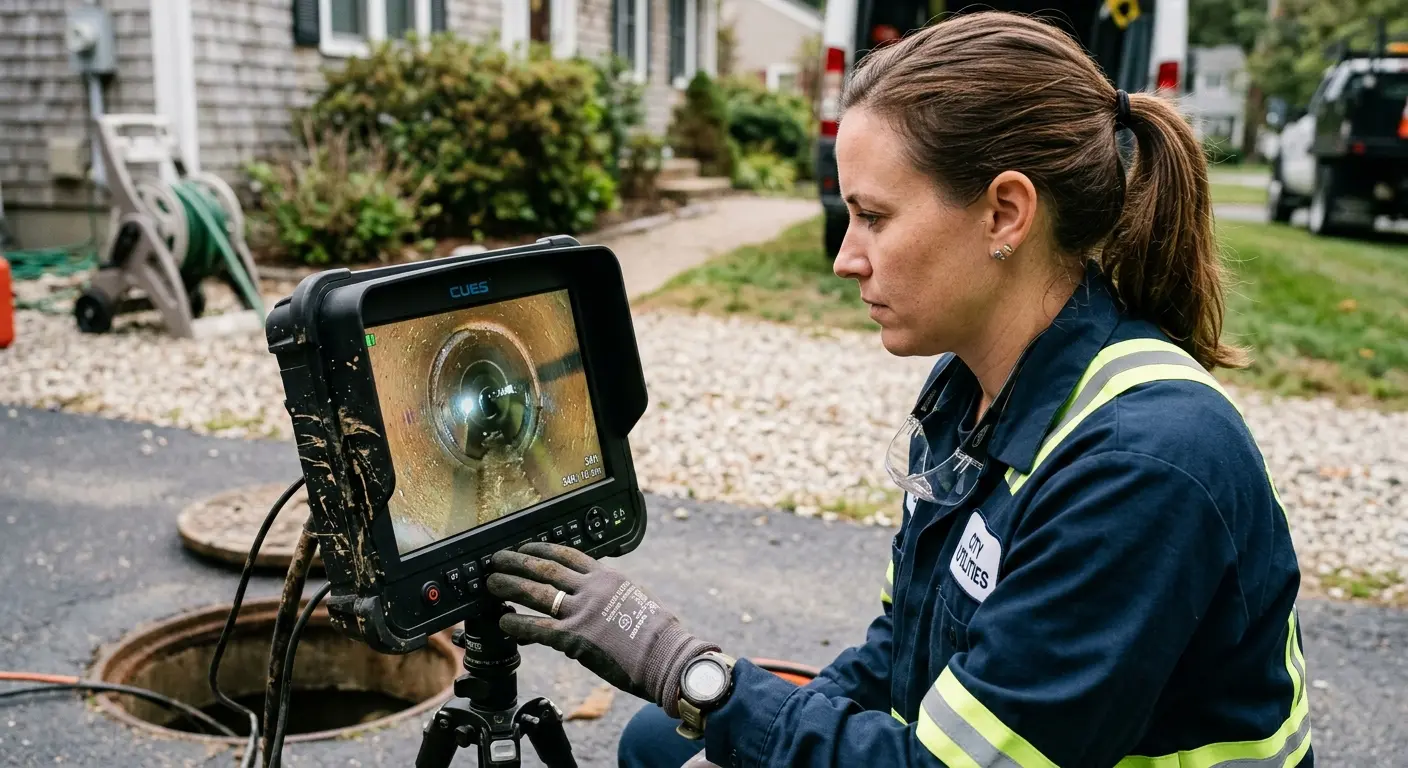 Technician reviewing sewer camera inspection footage in Big Rapids