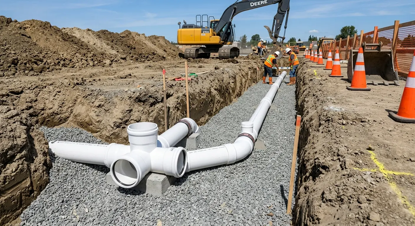 New PVC sewer pipe installation in open trench for Grease Trap Cleaning in Big Rapids