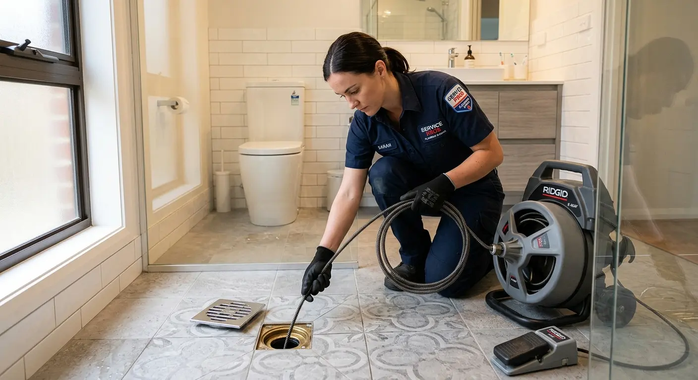 Technician clearing a bathroom floor drain for Sewer Line Replacement in Big Rapids